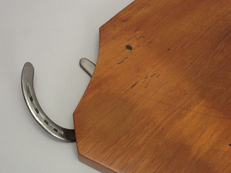 #15050 Detail: Hand-Carved Serving Tray. Reclaimed Elm Threshing Floor & Horsesh