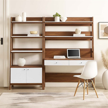 Modway Bixby 2-Piece Wood Office Desk and Bookshelf in Walnut/White