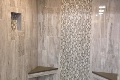Bathroom - mid-sized contemporary 3/4 gray tile and porcelain tile porcelain tile and gray floor bathroom idea in Other