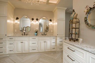 Example of a mid-sized classic master white tile double-sink bathroom design in Wichita with flat-panel cabinets, beige cabinets, quartz countertops, white countertops and a built-in vanity