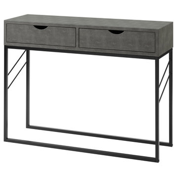 Modern Console Table, Open Metal Frame & Faux Shagreen Top With 2 Drawers, Gray