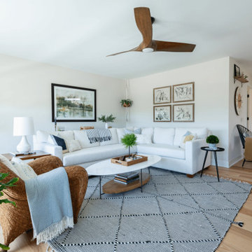 Casual Loft TV Room with Modern Ceiling Fan & Woven Accent Armchair