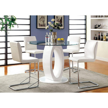 Modern Dining Table, O Shaped Pedestal Base With Round Tempered Glass Top, White