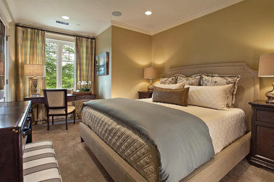 Example of a mid-sized transitional master carpeted and beige floor bedroom design in Seattle with beige walls and no fireplace