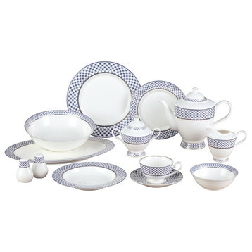 Royalty Porcelain 57pc Banquet Dinnerware Set for 8, Bone China (VILLA AZURE-57)