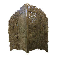 Mogul Interior - Consigned Vintage Hand carved 4 Panel Floral Peacock Room Divider Screen - Screens and Room Dividers