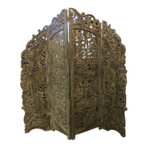 Mogul Interior - Consigned Vintage Hand carved 4 Panel Floral Peacock Room Divider Screen - Screens And Room Dividers