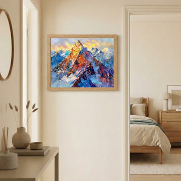 Organic Modern Hallway with Vibrant Mountain Landscape Art and Neutral Accents