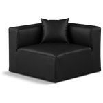 Meridian Furniture - Cube Upholstered Modular Component, Black, Vegan Leather, Corner Chair - Elevate your space with the luxurious Cube Vegan Leather Corner Chair. This corner chair exudes modern elegance, charm, and comfort making it a perfect addition to any contemporary living space. Its clean lines and cube shape are reminiscent of minimalist design, while the plush black vegan leather upholstery adds a touch of luxury and sophistication. The chair's versatile construction and geometric aesthetic seamlessly integrate into various design styles, from sleek living rooms to chic home offices, embodying the essence of modern design and creating a sense of order and tranquility in your space.