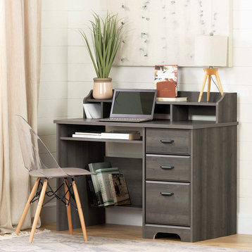Traditional Desk With Small Hutch and 3 Storage Drawers, Gray Maple