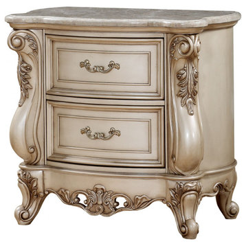 HomeRoots Antique White Wood Nightstand With 2 Drawers and Marble Top