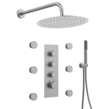 Luxury Thermostatic Complete Shower System With Rough-in Valve, Brushed Nickel