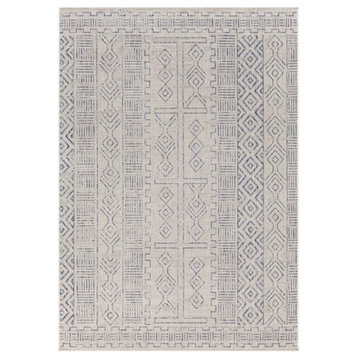 Transitional Indoor Outdoor Area Rug, Tribal Pattern, Blue-Gray/8'10" X 12'