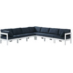 Meridian Furniture - Nizuc Water Resistant Patio L-Shaped Modular Sectional, Navy, 7-Piece: 4 Armless Chair, 3 Corner Chair, White Aluminum Frame - Pick and choose your favorites from the Nizuc collection to create a modular seating group the whole gang will enjoy. The sturdy aluminum frame provides dependable support for friends and family as they relax and unwind, and the resilient navy water resistant fabric stands up to the elements without losing its beautiful demeanor, so you can count on it lasting for the long haul. Latches beneath these seating pieces help you easily attach them to one another for convenient setup.