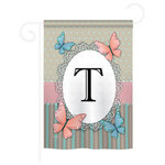 Breeze Decor - Butterflies T Monogram 13"x18.5" USA-Produced Home Decor Flag - Flags are manufactured in the USA, with Licensing from American Companies and sold by American Vendors Only. Beware of Counterfeit Items from Overseas. Designed to hang vertically from an outdoor pole or inside as wall decor, Pro-Guard sublimation flag measures 28"x 40" with a 3" Pole sleeve. Read both Sides. Poles and hardware are NOT INCLUDED.