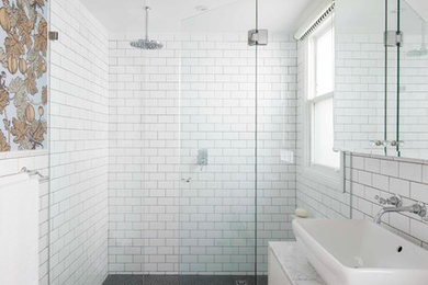 Inspiration for a mid-sized transitional bathroom in Sydney with a vessel sink, flat-panel cabinets, white cabinets, marble benchtops, white tile, subway tile, white walls, a curbless shower, mosaic tile floors and red floor.