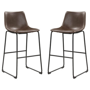 Set of 2 Bar Stool, Black Painted Metal Frame With Brown Faux Leather Seat