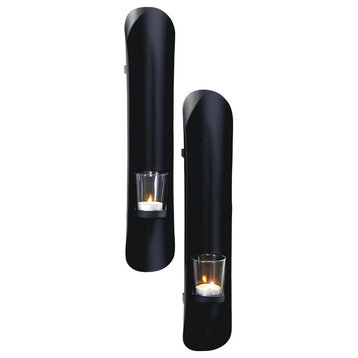 3x16" Set of 2 Bold Candle Wall Sconce Holder With Glass Black Metal