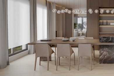 Photo of a large dining room in Other with porcelain flooring and beige floors.