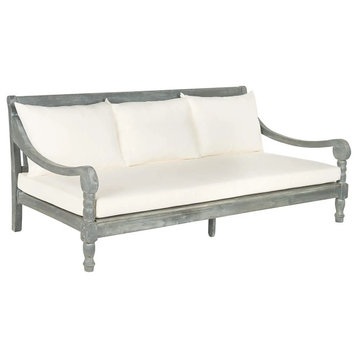 Patio Daybed Sofa, Carved Acacia Wood Frame & Cushioned Seat, Ash Gray/Beige