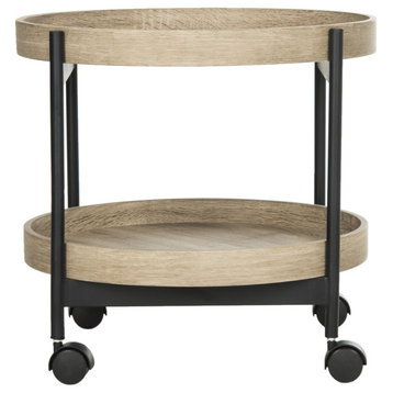 Contemporary End Table, Metal Frame With Casters & 2 Tray Like Tiers, Light Grey