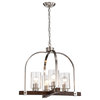 4-Light Brushed Nickel and Wood Finish Chandelier With Seedy Glass