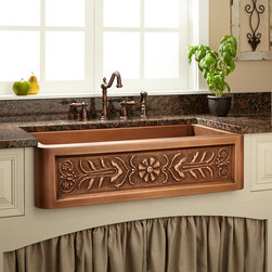 33" Flower Motif Copper Farmhouse Sink - Kitchen Sinks