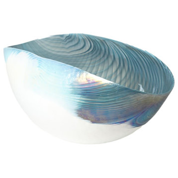 Luxe 24" Folded Oval Art Glass Turquoise Swirl Bowl Aqua Blue Feather Ivory