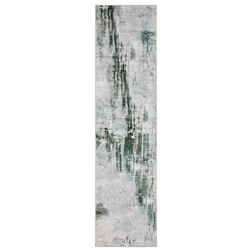Michaela Machine Washable Modern Grey/ Teal Indoor Area Rug, Grey, 2'x8'