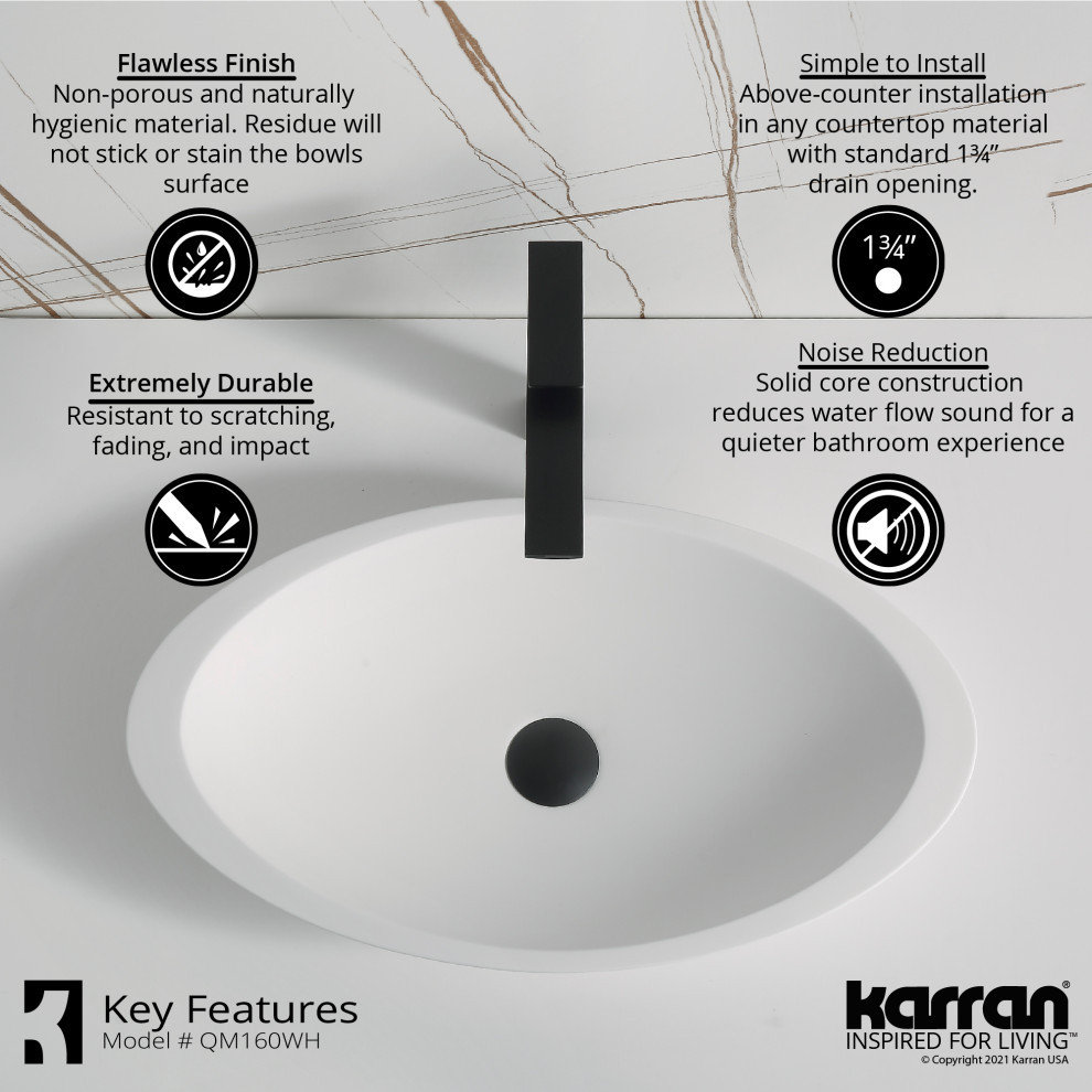 Karran Quattro QM160 Matte White Acrylic 23" Oval Bathroom Vessel Sink