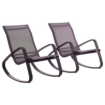 Modway Traveler Aluminum & Mesh Patio Rocking Chair in Black (Set of 2)