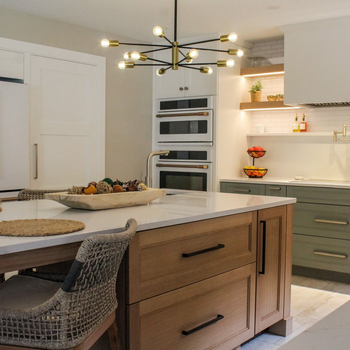 Mixed materials, yes please!!  Rift-cut white oak, "Snow", "Acacia Haze", "Rocky River" painted cabinets, showcased in this image, as well as the integrated door that leads to scullery kitchen/walk-in