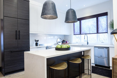 Eat-in kitchen - mid-sized modern l-shaped painted wood floor and beige floor eat-in kitchen idea in Toronto with a double-bowl sink, flat-panel cabinets, white cabinets, quartzite countertops, white backsplash, stone slab backsplash, stainless steel appliances, an island and white countertops