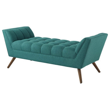 Retro Modern Upholstered Bench, Button Tufted Seat With Angled Arms, Teal 53"