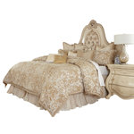 Michael Amini - Luxembourg 13-Piece King Comforter Set - Creme - Give your room a classic, updated look with the Luxembourg Comforter Set by Michael Amini. The set features a beautiful large-scale frame design with embroidered gold accents complementing the shades of cream, gold and soft sand.  We are mixing a classic design with modern accents.  The 6 decorative pillows have beautifully coordinating trims, removable covers and feather fill. The 3-piece adjustable bedskirt has a 21" drop. The entire set gives a unique sophistication to the master retreat.