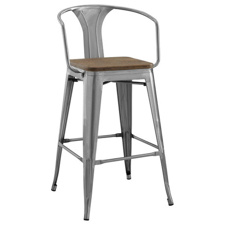 Country Farm Bar Dining Bar Stool, Metal Steel Wood, Silver