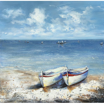 "Boats by the Ocean" Hand Painted Oil Canvas Artwork; Modern Art; Fine Art