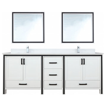 84" Double Bathroom Vanity, White, Marble Countertop, Mirror
