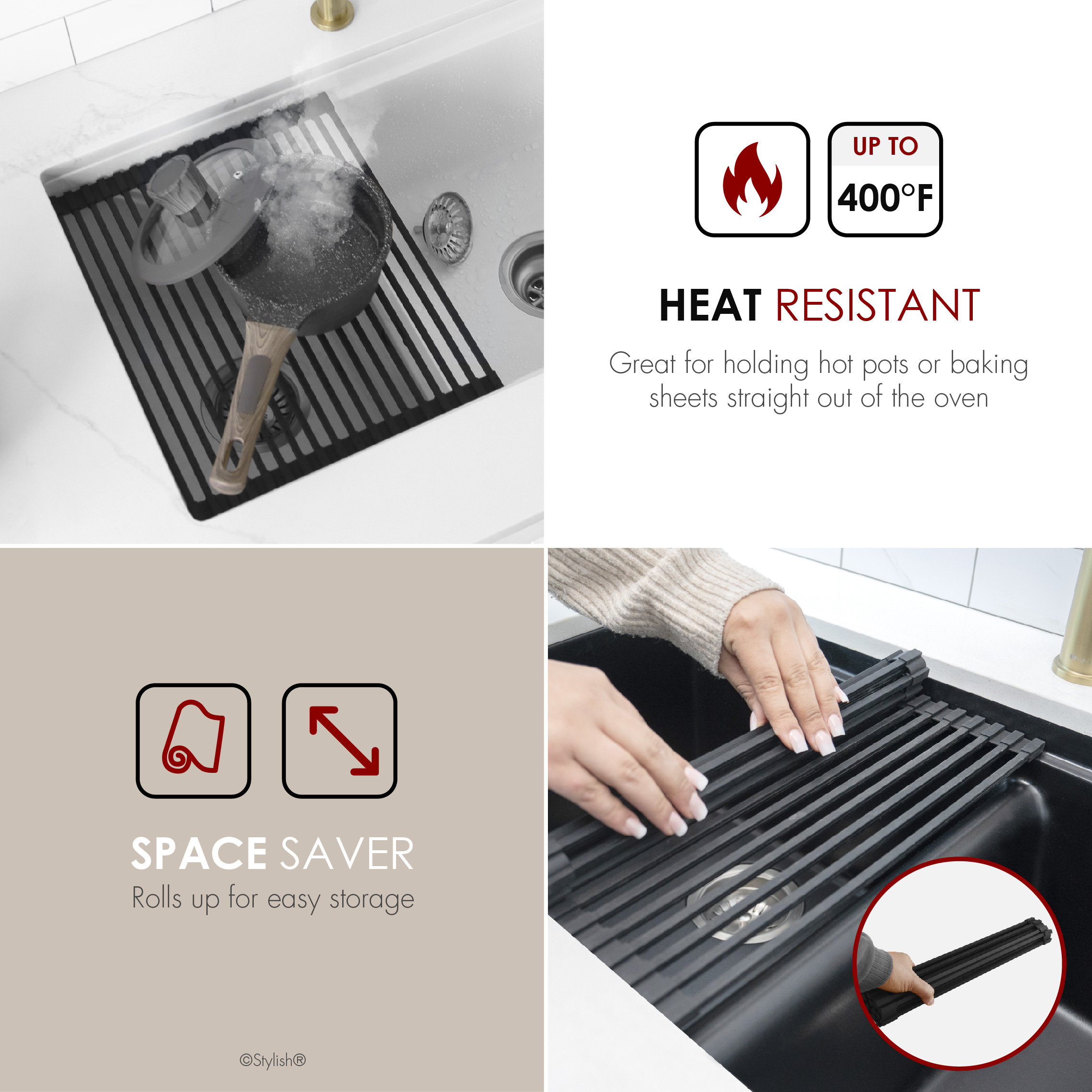 STYLISH 15 1/4" Black Workstation Sink Roll-up Drying Rack/Trivet