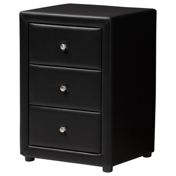 Tessa Black Faux Leather 3-Drawer Nightstand