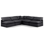 Meridian Furniture - Indulge Upholstered Modular L-Shaped Sectional, Black, 5-Piece: 4 Armless Chair, 1 Corner Chair, Fiber Stuffed Vegan Leather - Experience ultimate comfort and style with our black vegan leather Indulge Sectional. The luxurious vegan leather will elevate the aesthetic of any room. This sofa provides ample space for you to relax while its modular build offers the option of unlimited configurations. Whether you're looking to add a stylish element to your living room or a comfortable seating option to your bedroom, this sofa is the perfect choice.