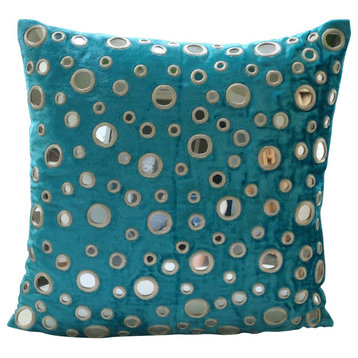 Pillow Covers 18" x 18" Pillowcase Blue Velvet Circles & Dots - Aqua Reflections