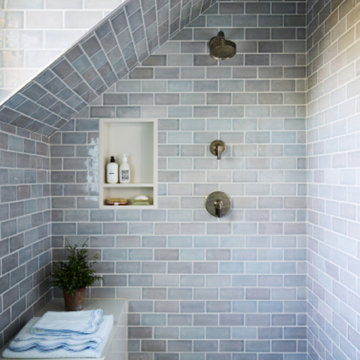 Alcove Shower with Light Blue Tile Boston Renovation