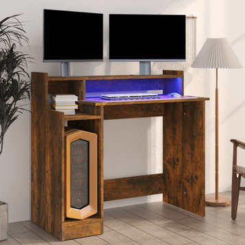 vidaXL Desk with LED Lights Computer Desk with LED Smoked Oak Engineered Wood