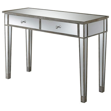 Multifunctional Desk, Mirrored Design With Large Drawers, Weathered White/Mirror