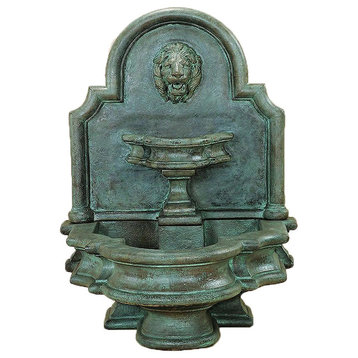 Rialto Lion Wall Cast Stone Outdoor Water Fountain With Spout, Toscano (TO)