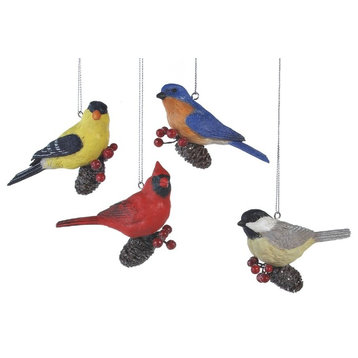 Pinecone Birds Cardinal Finch Blue Bird Chickadee Christmas Ornaments Set of 4