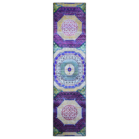 Sari Silk with Textured Wool Mamluk Design Hand Knotted Runner Rug, 2'6" x 10'4"