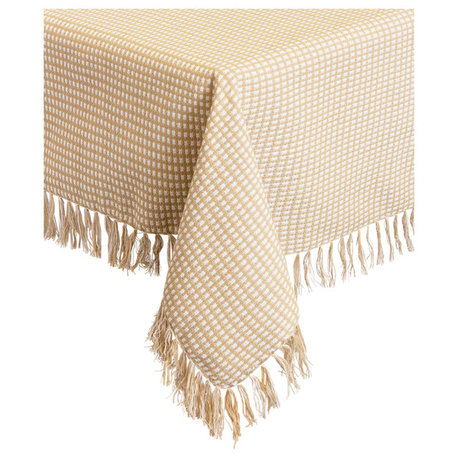 Homespun Fringed 100% Cotton Tablecloth, Ecru, 70" Round