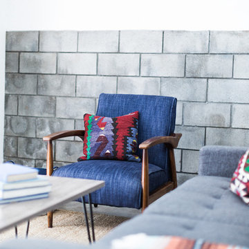 Blue Mid Century Modern Chair with Colorful Turkish Kilim Pillow, Paperclip Leg